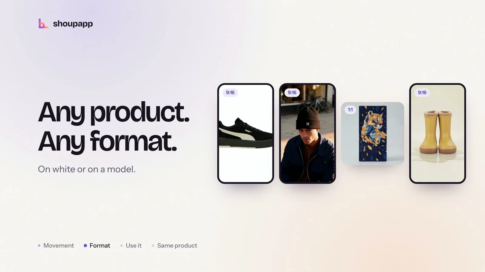 Animated product images for a website: products shown as short looping clips in several formats