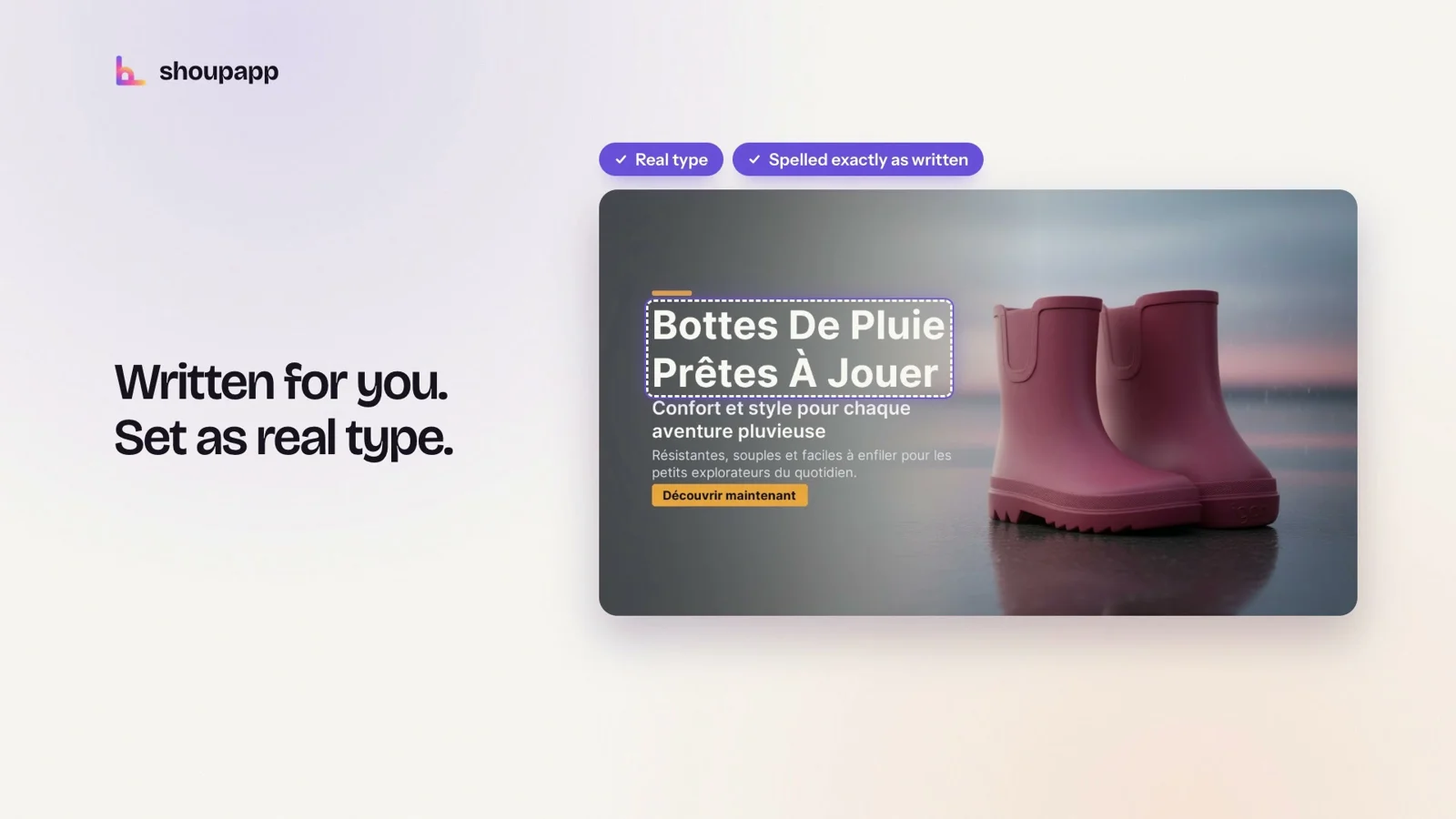 E-commerce banner sizes: a rain boot campaign banner with a headline set as real type