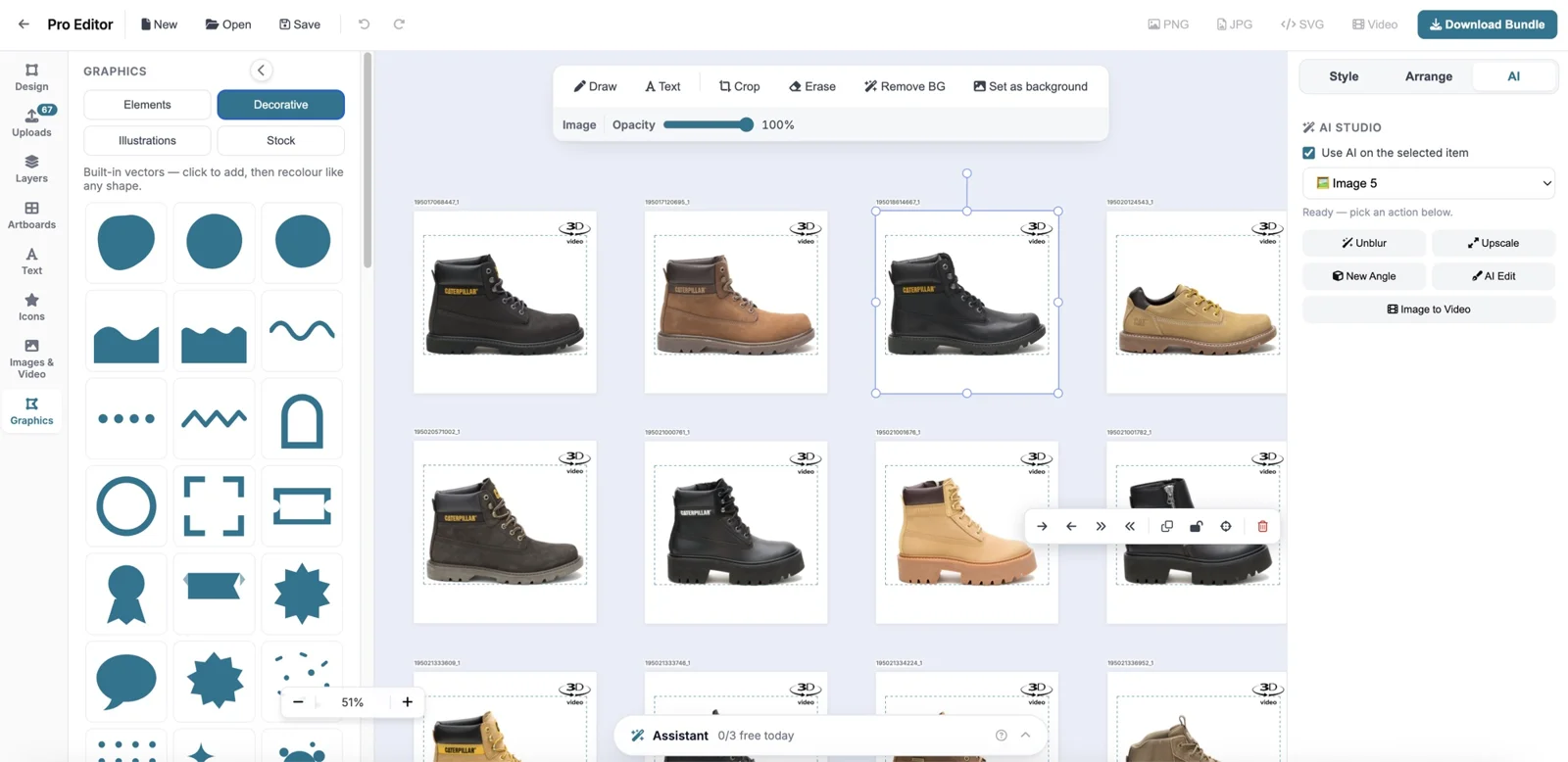 Product infographics for listings: boot photos laid out on artboards in a browser photo editor