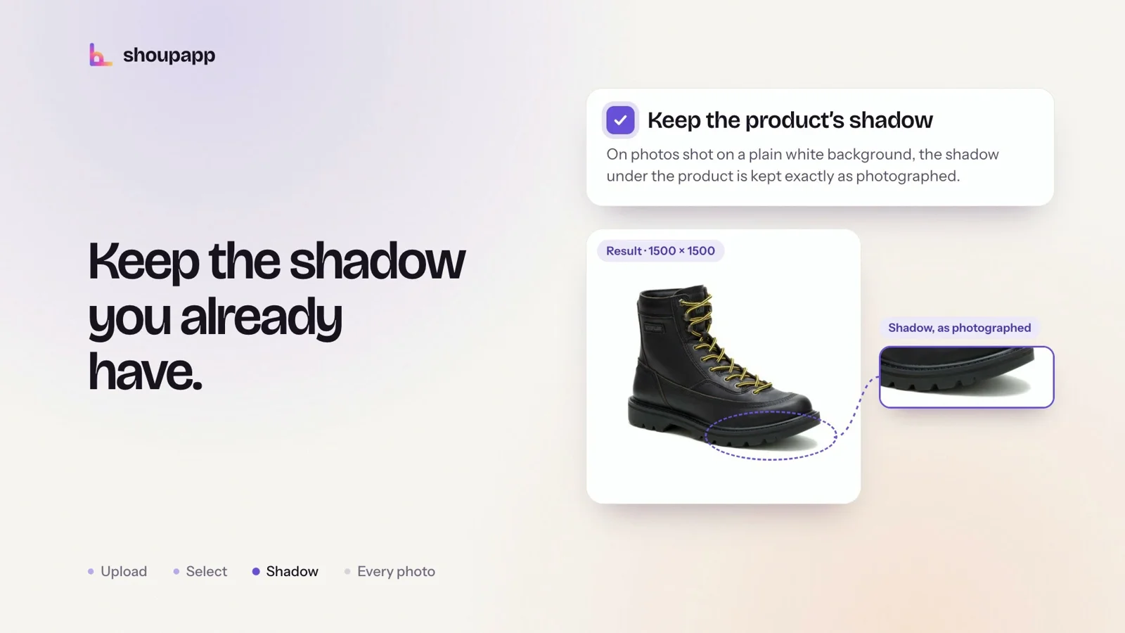 How to add shadow to product photos: a boot with its natural shadow kept under it on white