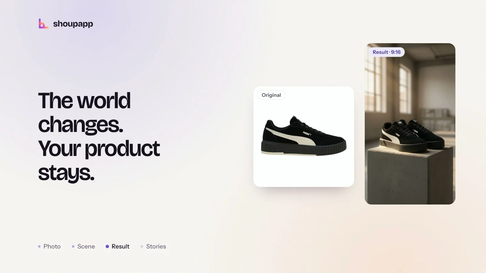 Lifestyle product photos without a photoshoot: a sneaker packshot placed on a plinth in a sunlit room