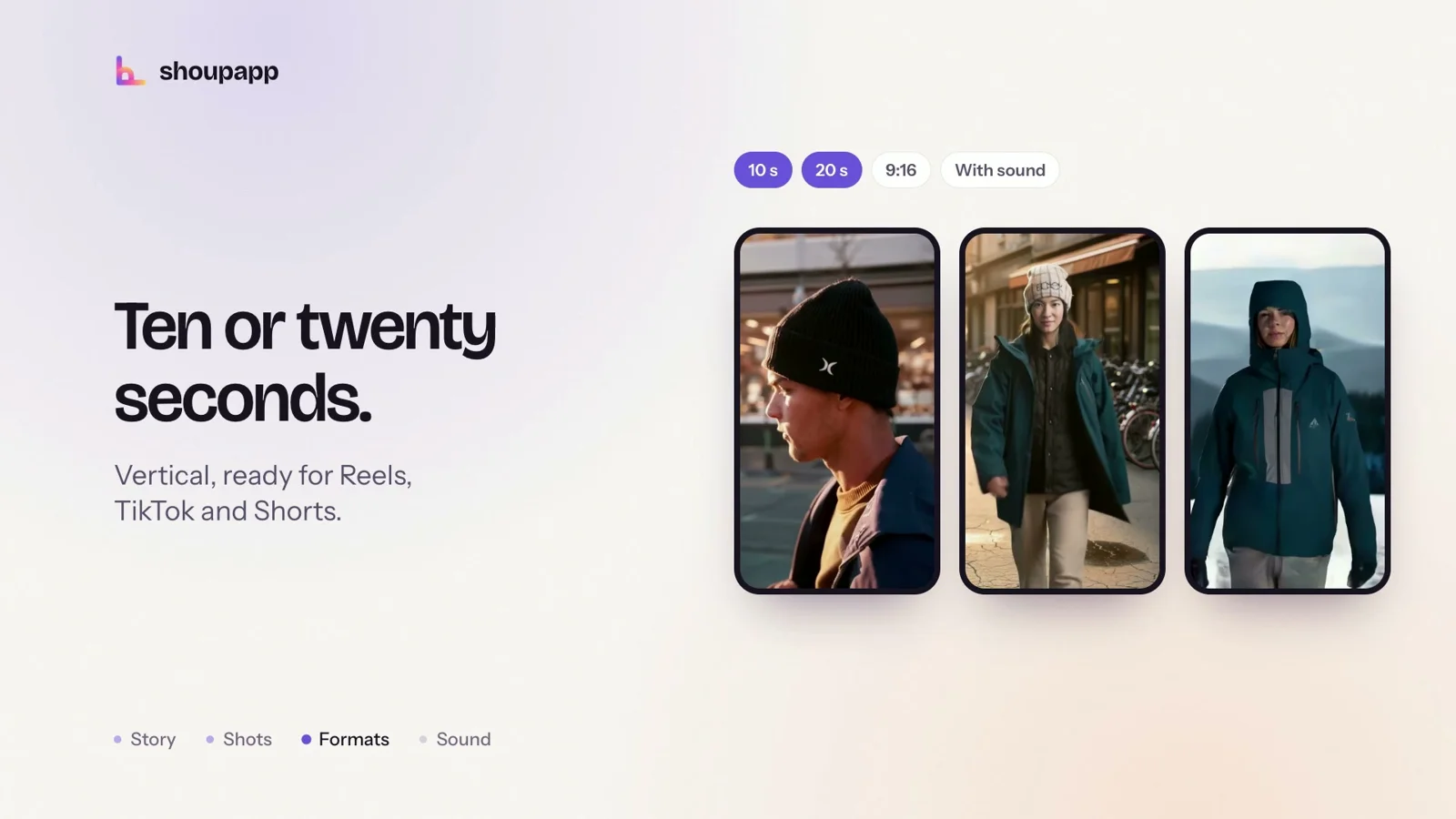 Product videos for TikTok and Reels: three vertical frames of a jacket in outdoor scenes