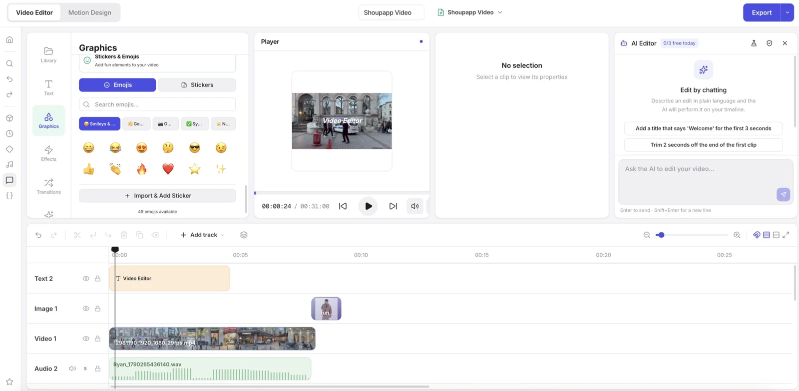 Add captions to product videos: a product video on a multi-track timeline in a browser editor
