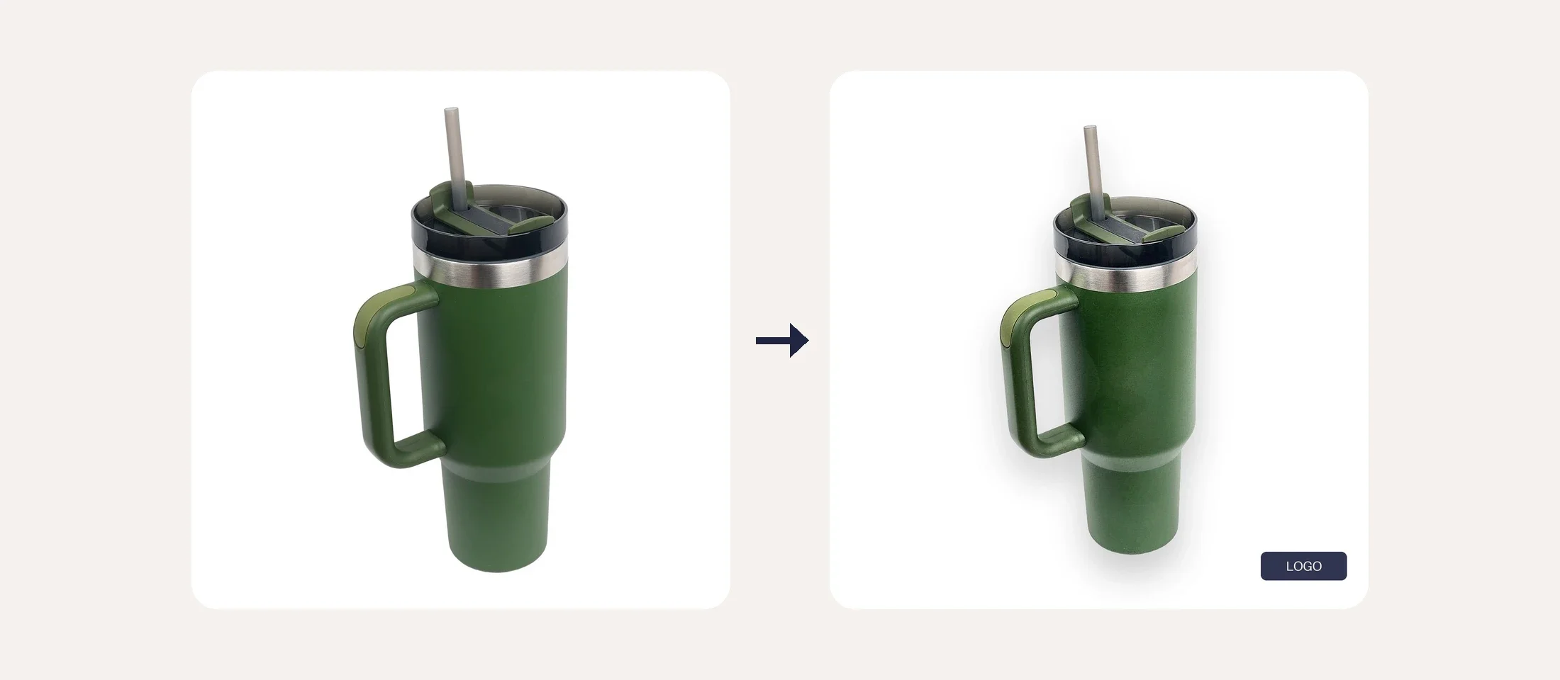 Batch edit product photos: an olive tumbler before editing and after enhancement, cutout, shadow, resize and logo