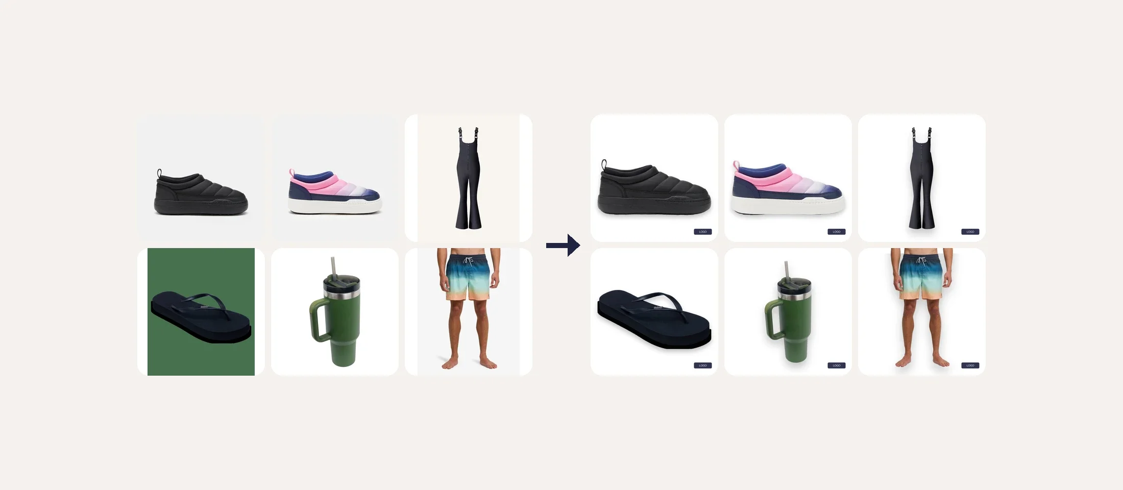 Edit multiple photos at once: six product photos on different backgrounds before and after one batch request