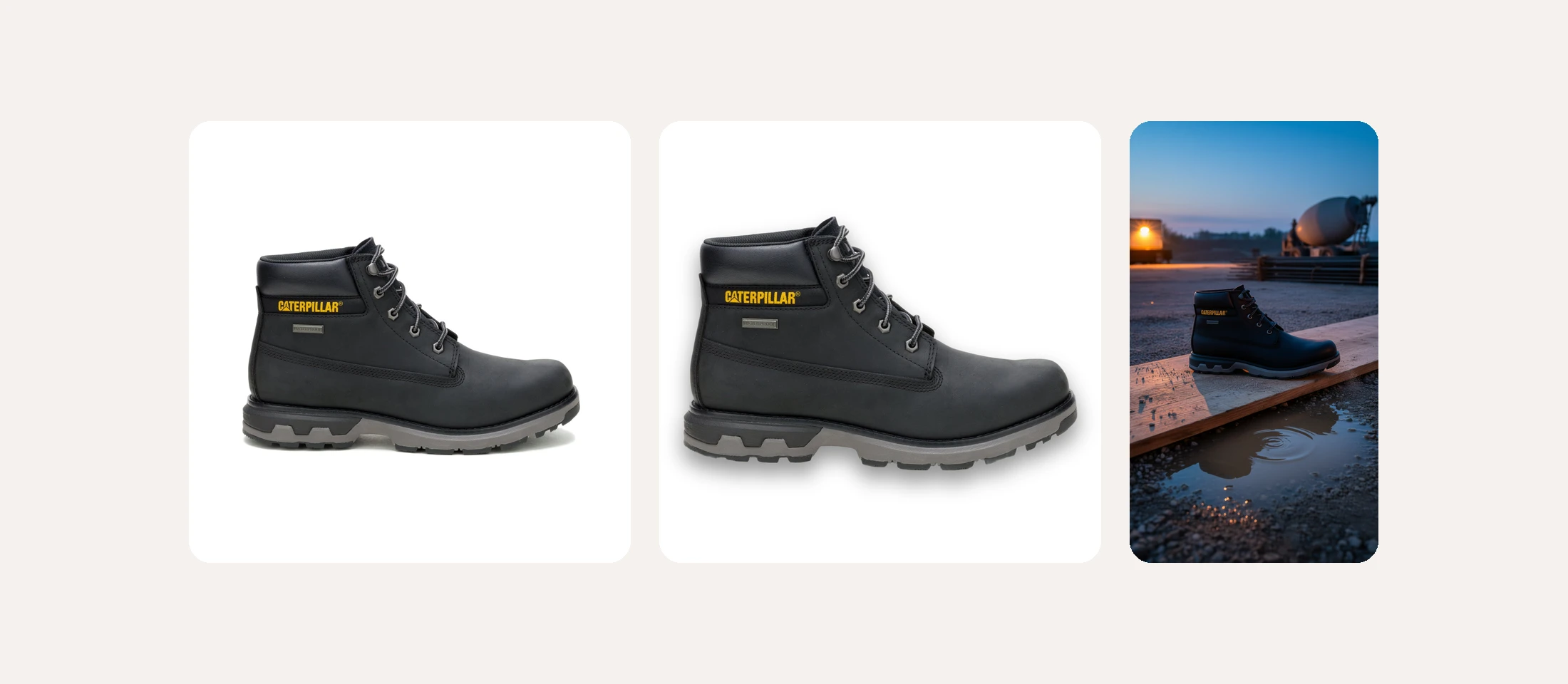 Black product photography: a black boot as uploaded, after editing with a shadow, and in a dusk scene