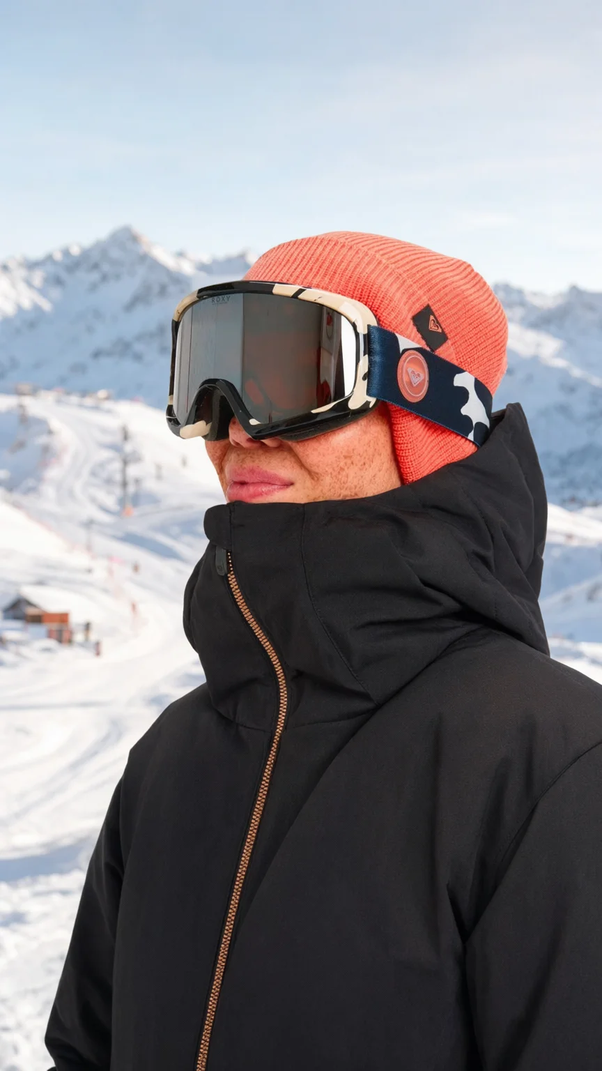 Bulk product video still: woman in goggles, coral beanie and black jacket with a copper zip in front of snowy mountains