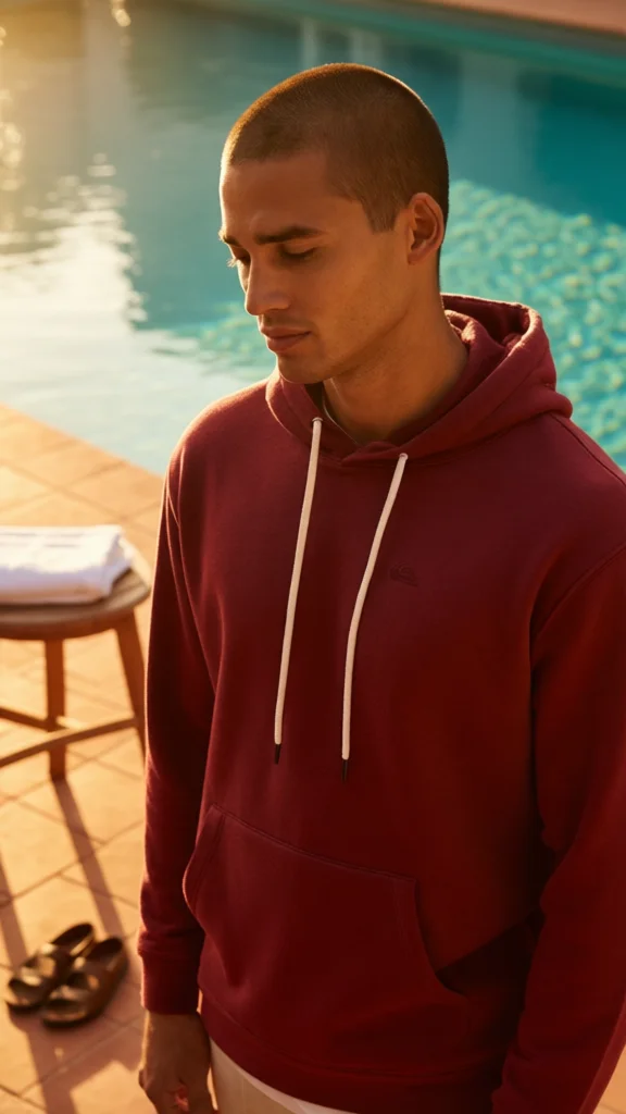 Realistisches KI-Modefoto eines Mannes im weinroten Hoodie an einem Pool im warmen Abendlicht