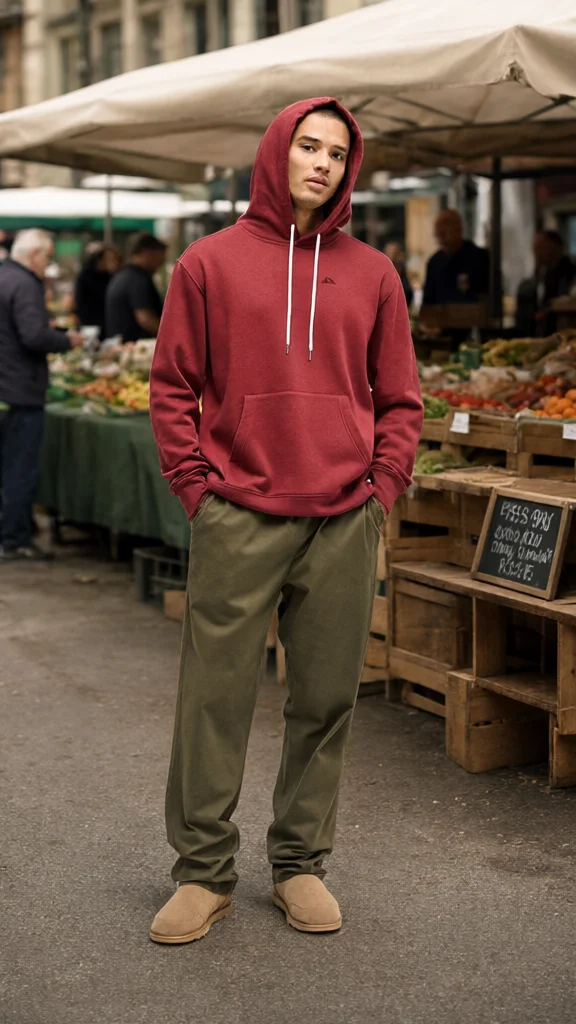 Storytelling product video scene: a young man in a maroon hoodie and olive pants standing at an outdoor market stall
