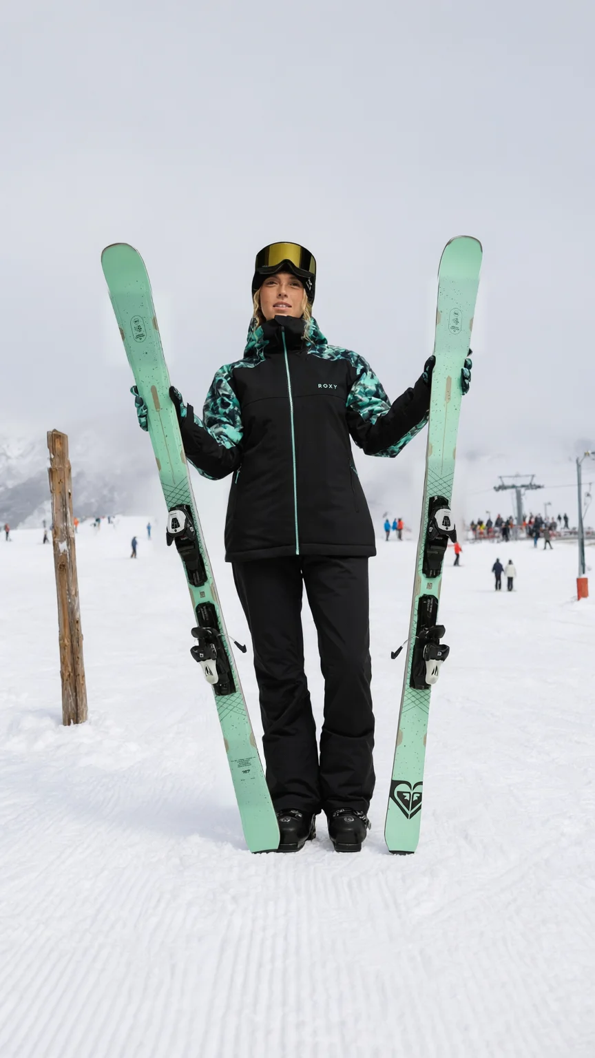 Ski wear product photo: a woman in a black and teal ski jacket holding two mint skis on a groomed slope below a chairlift
