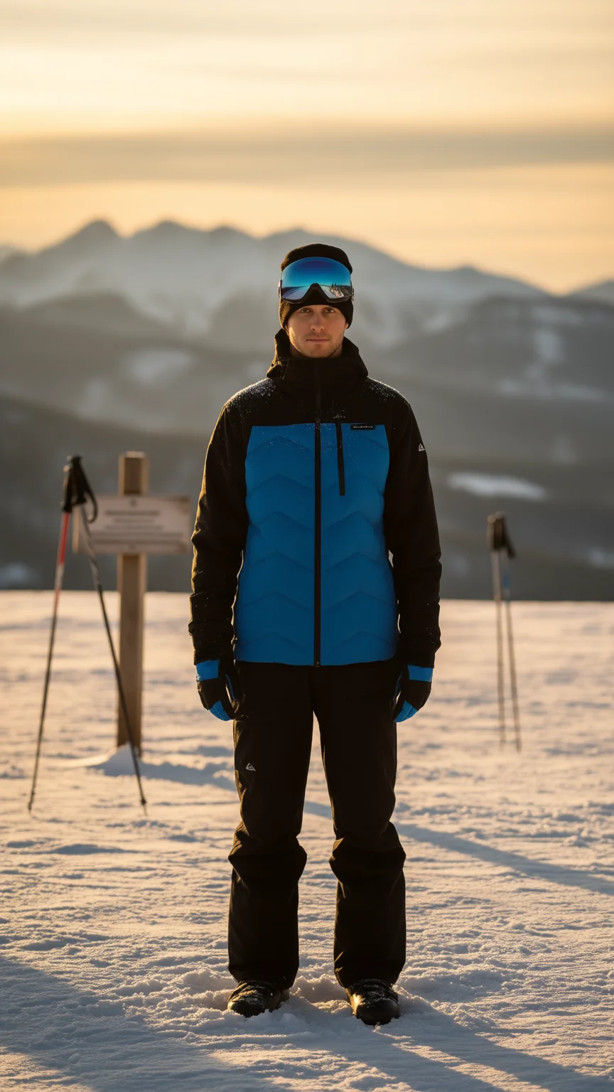 Een man in gewatteerde skijas op een besneeuwde piste bij gouden licht, bergen erachter, verticaal socialmediabeeld