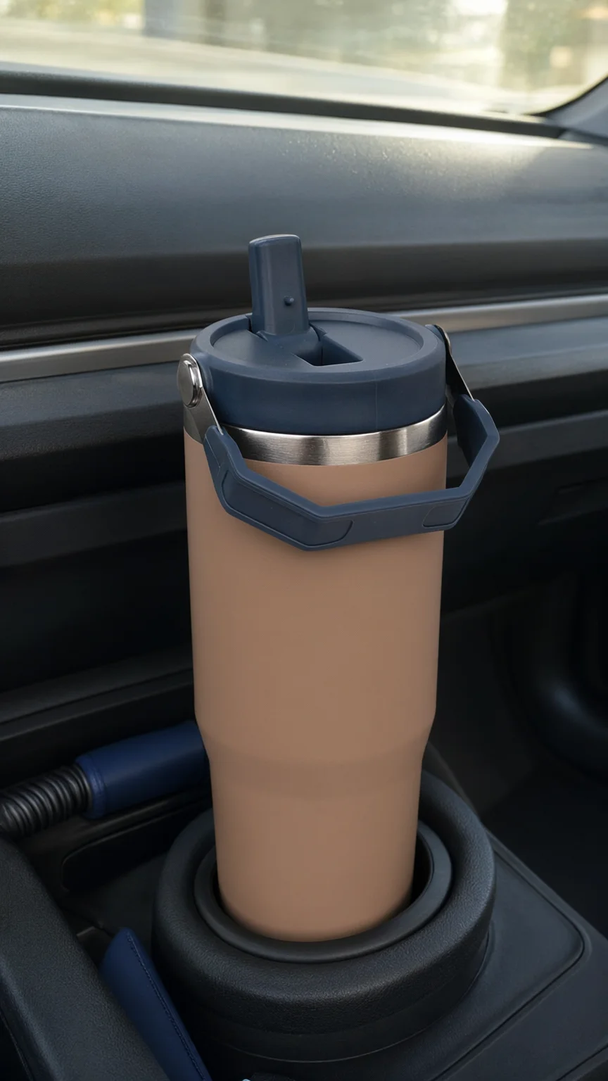 Realistic product photo: a peach tumbler with a navy lid and handle standing in a car cup holder by the dashboard