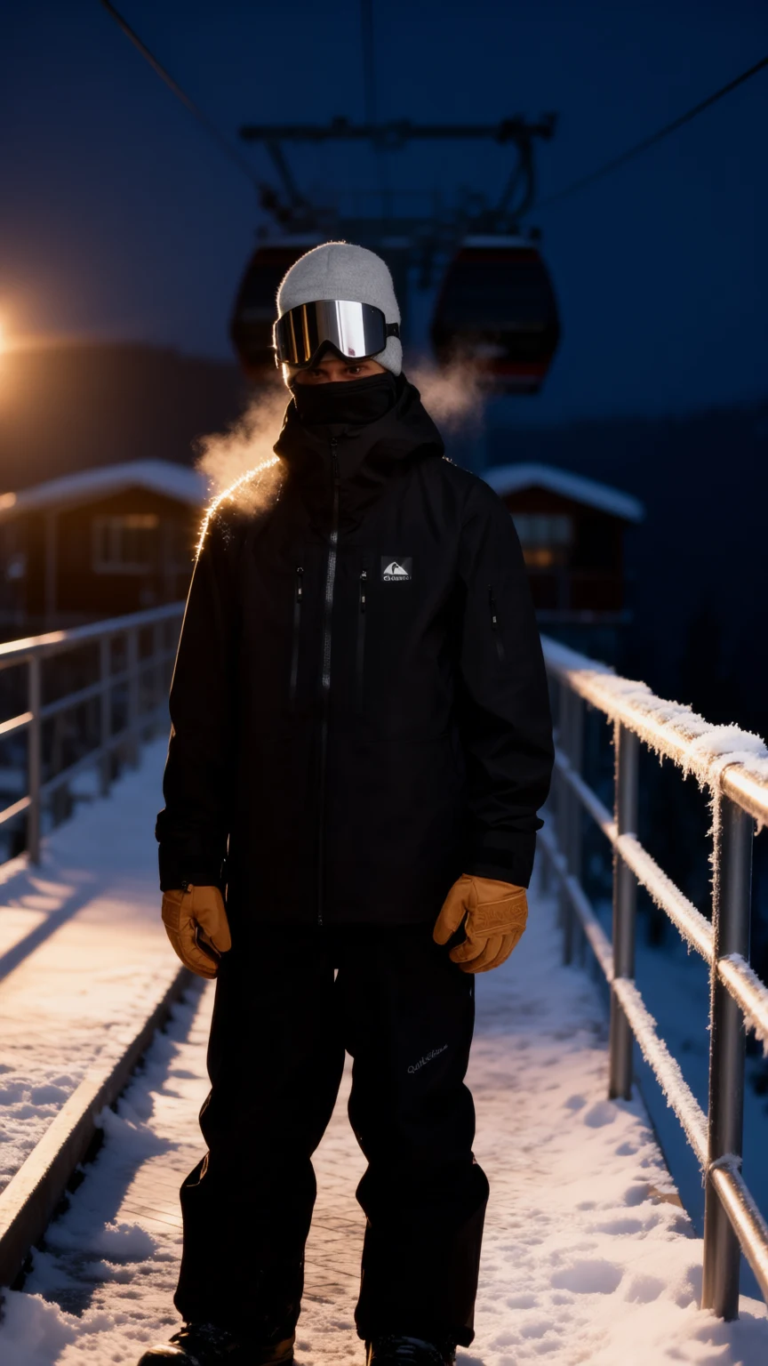 Un homme en veste de ski noire sur une passerelle enneigée la nuit, cabines derrière lui, première image d'une vidéo
