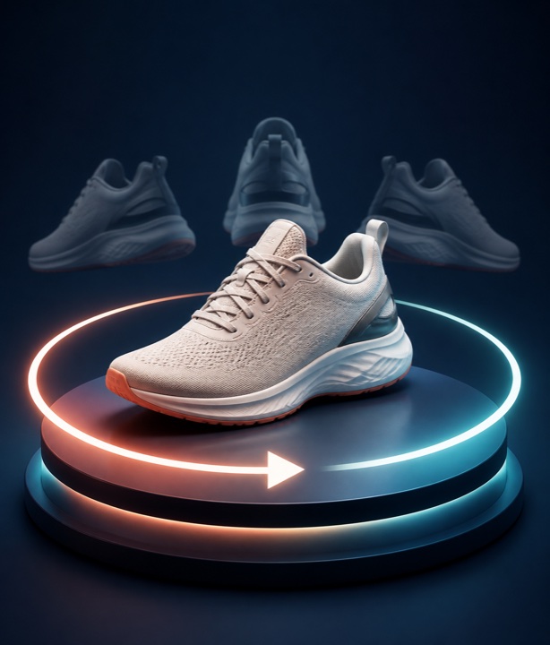 Illustration of a sneaker turning on a glowing turntable.