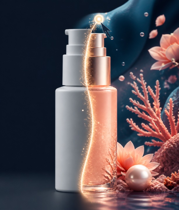 Illustration of a cosmetics bottle being retouched with a beam of light.