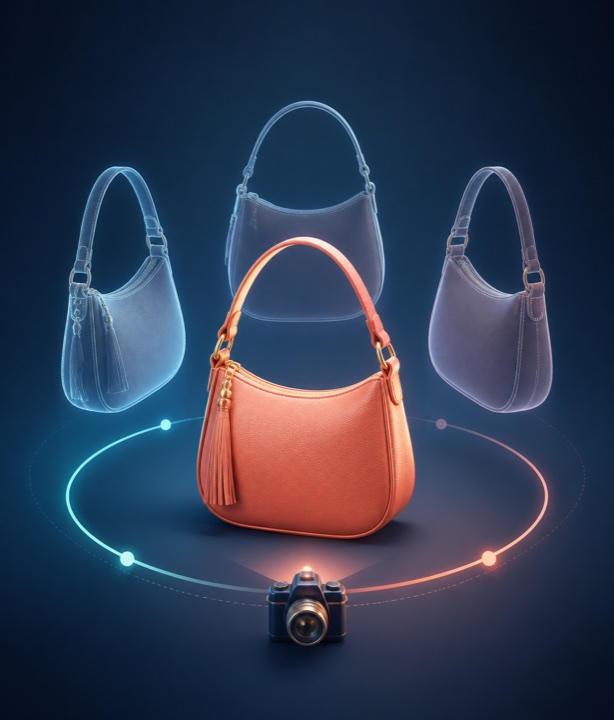 Illustration of a handbag shown from several angles around a camera.