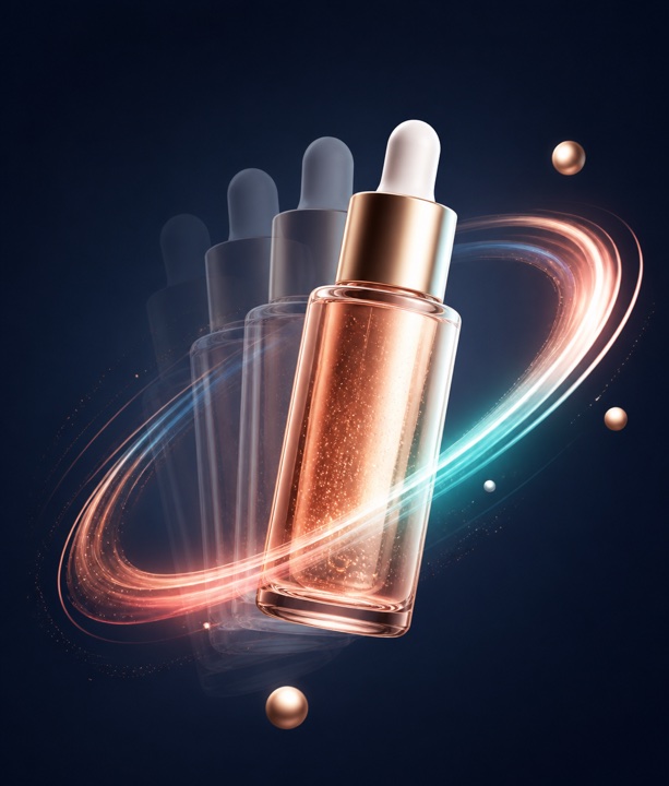 Illustration of a serum bottle surrounded by soft motion trails.