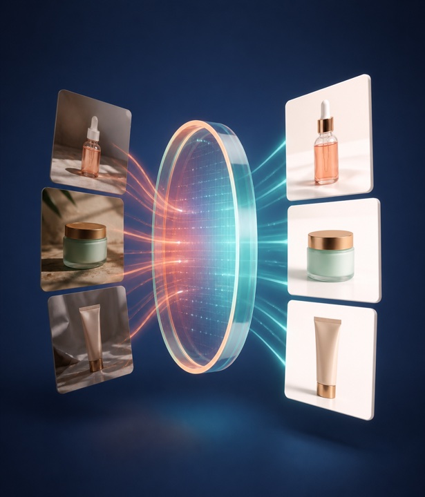Illustration of product photos passing through a frame and coming out on clean backgrounds.