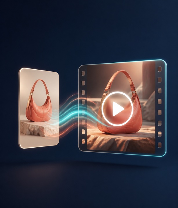 Illustration of a handbag photo turning into a playing video frame.