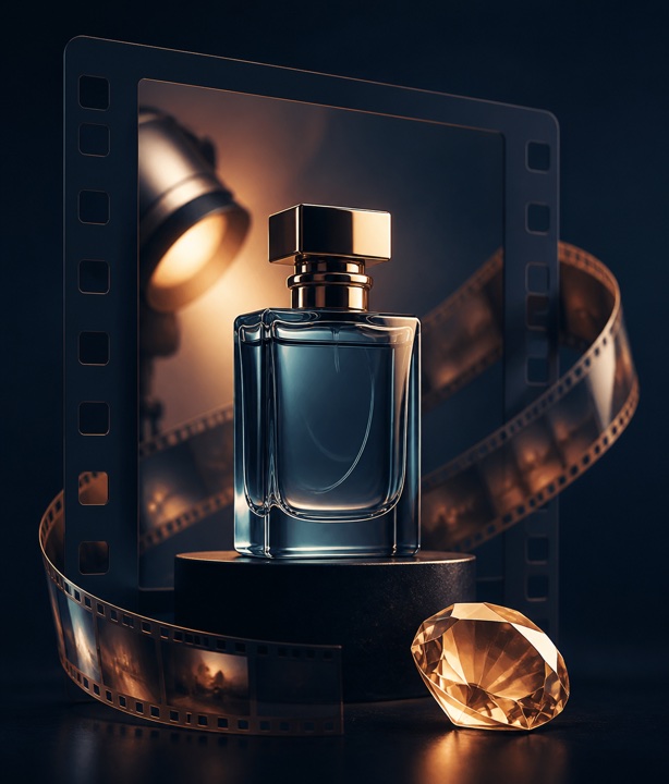 Illustration of a perfume bottle staged as a campaign hero with a spotlight.