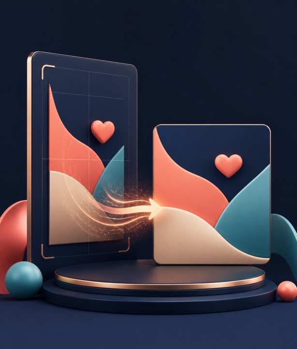 Illustration of a product moving from a plain frame into a styled scene.