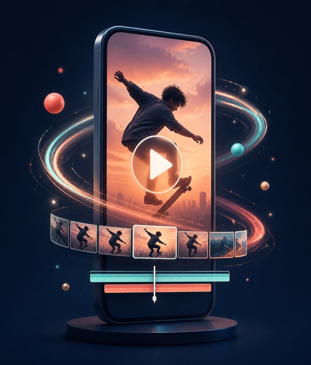 Illustration of a phone playing a vertical product video with a film strip.
