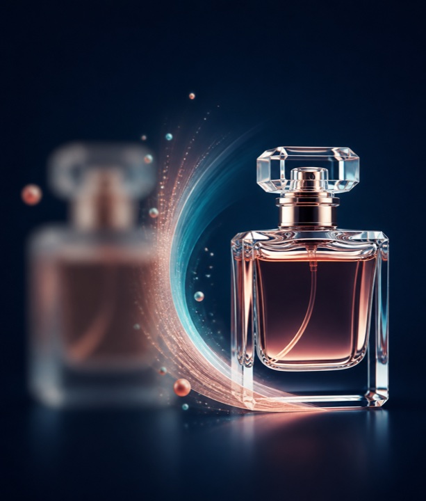 Illustration of a perfume bottle with a soft reflection and shadow on a dark surface.