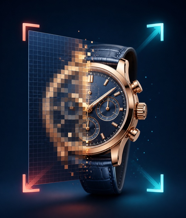 Illustration of a watch being sharpened on a pixel grid.