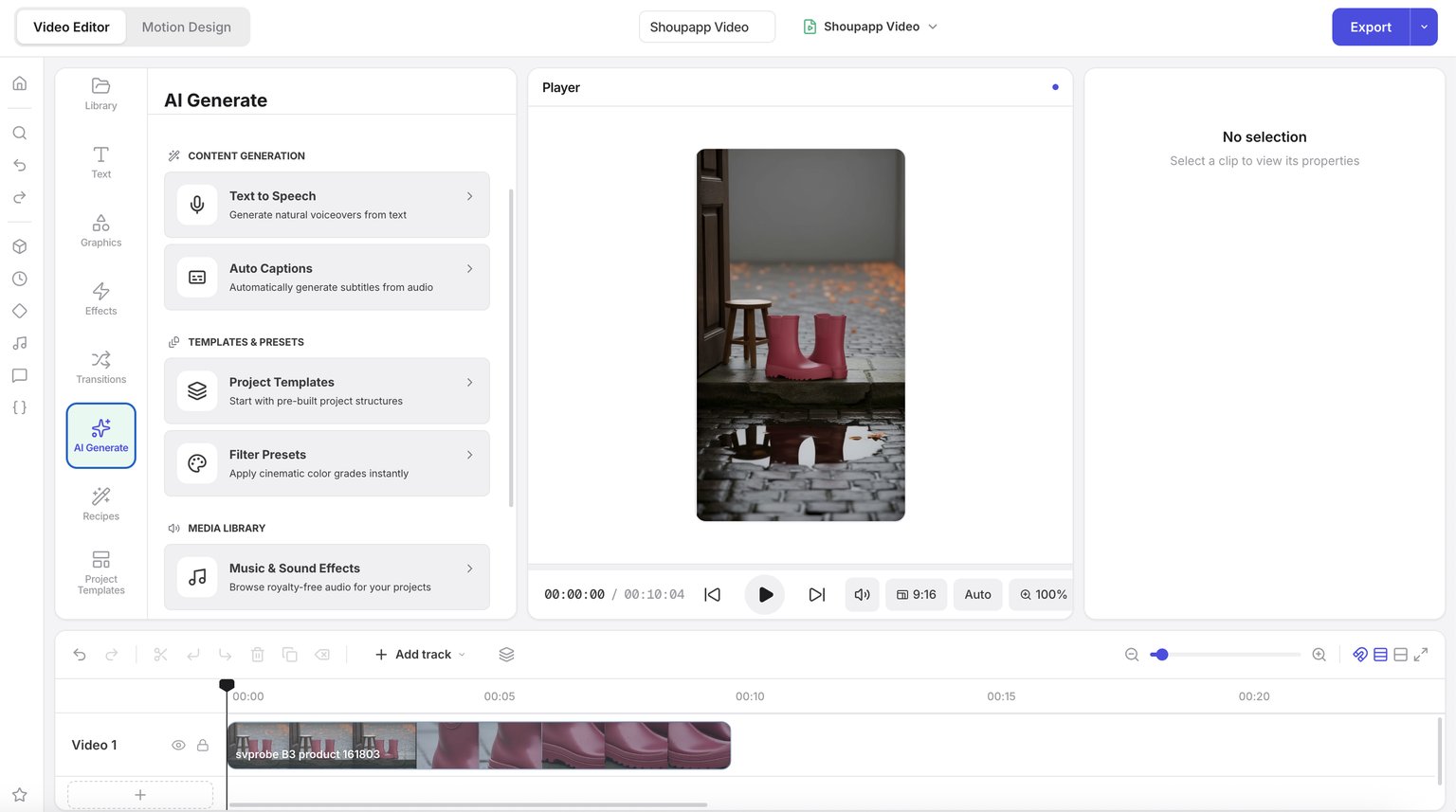 L’éditeur vidéo avec un clip produit dans le lecteur et sur la timeline.