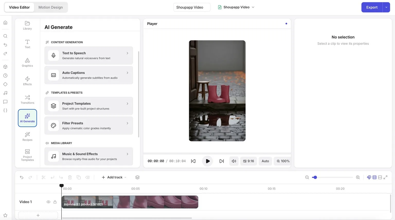 The video editor with a product clip in the player and on the timeline.