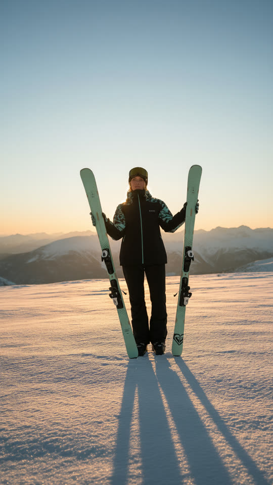 Eine Skifahrerin bei Sonnenaufgang auf einem verschneiten Hang, erstellt aus einem schlichten Studiofoto.