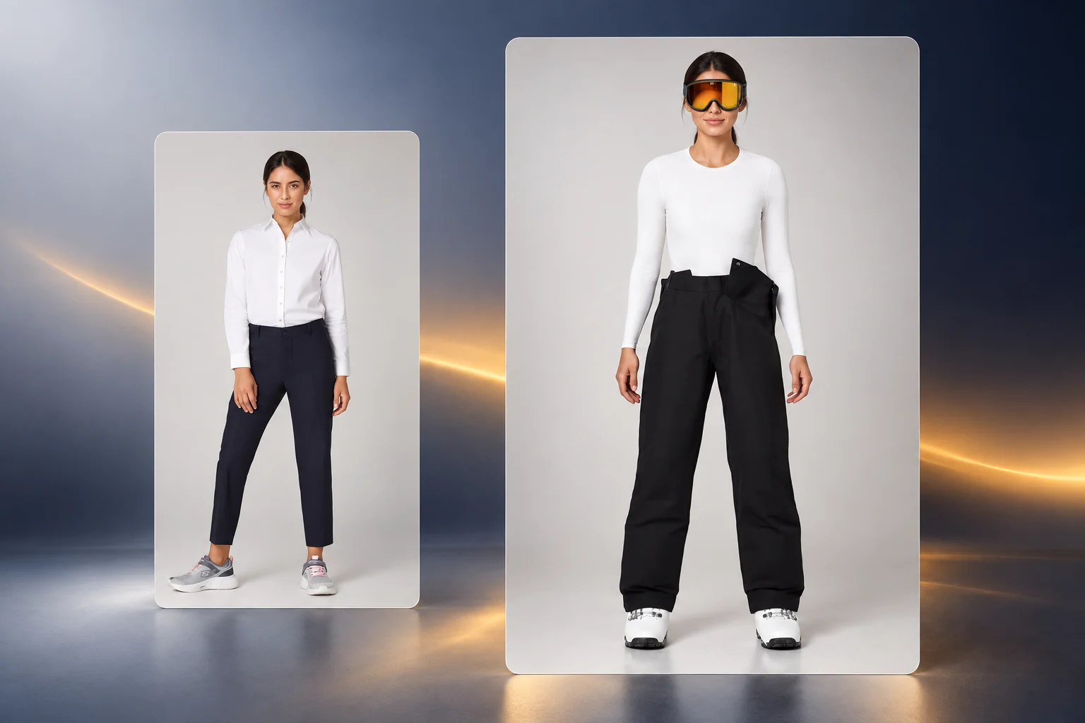 Une photo de mannequin brute à côté du résultat retouché par IA, avec une nouvelle tenue et des lunettes.