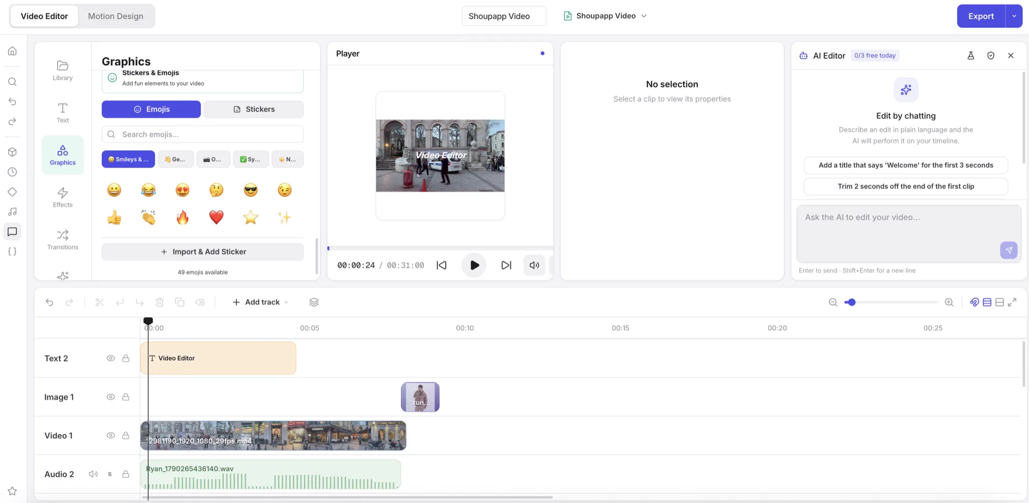 Video editor with a multi-track timeline, preview player and AI editing panel